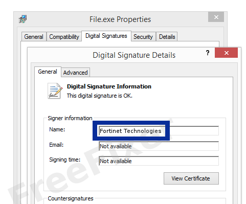 Screenshot of the Fortinet Technologies certificate